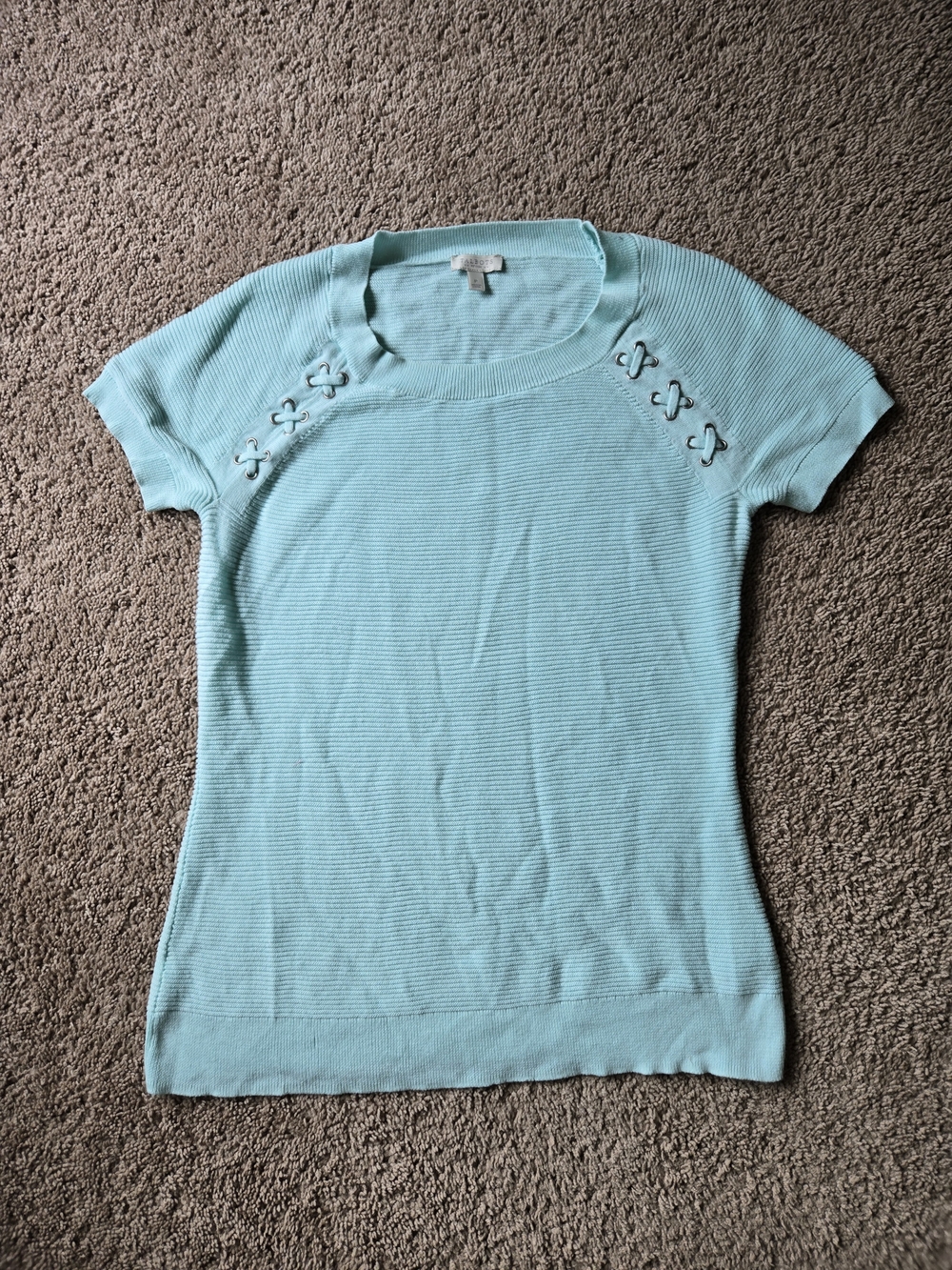 Talbots Light Aqua Short-Sleeve Knit Top with Lace-Up Shoulder Size P
